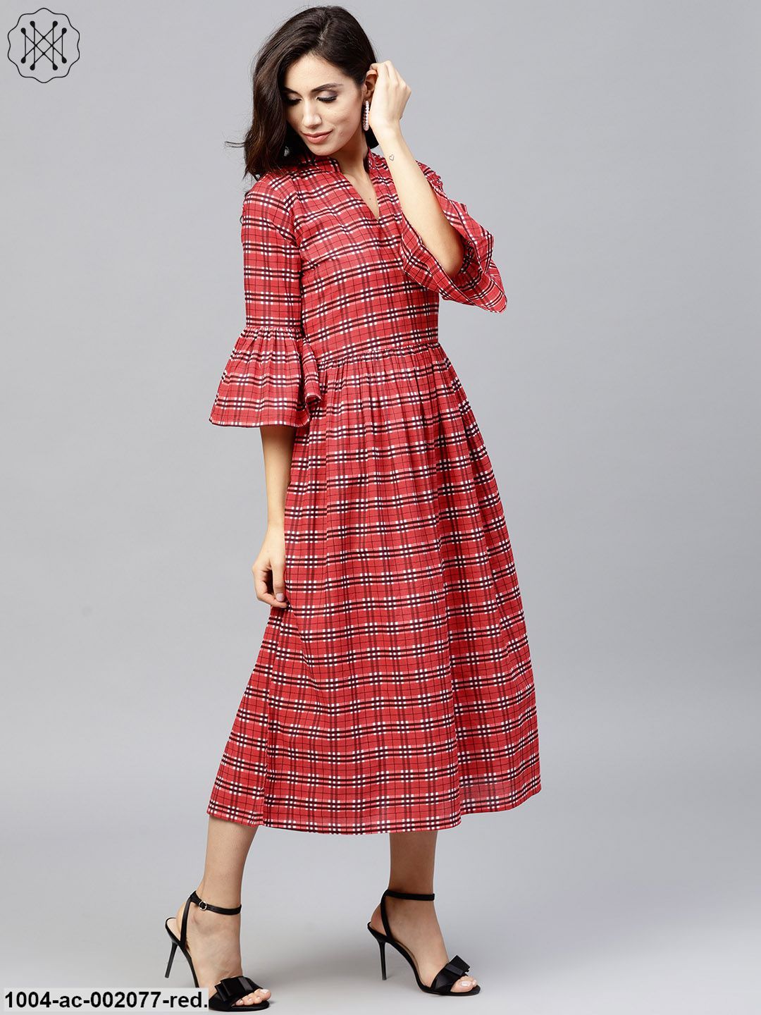 Red Checked Dress With Mandarin Collar And Flared Sleeves