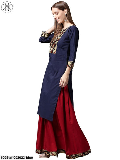 Blue Printed 3/4Th Sleeve Cotton Kurta With Maroon Skirt
