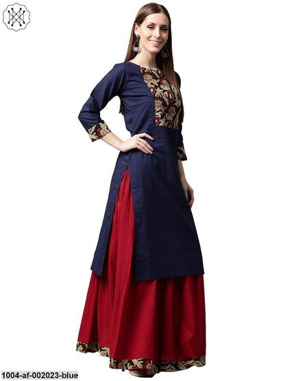 Blue Printed 3/4Th Sleeve Cotton Kurta With Maroon Skirt