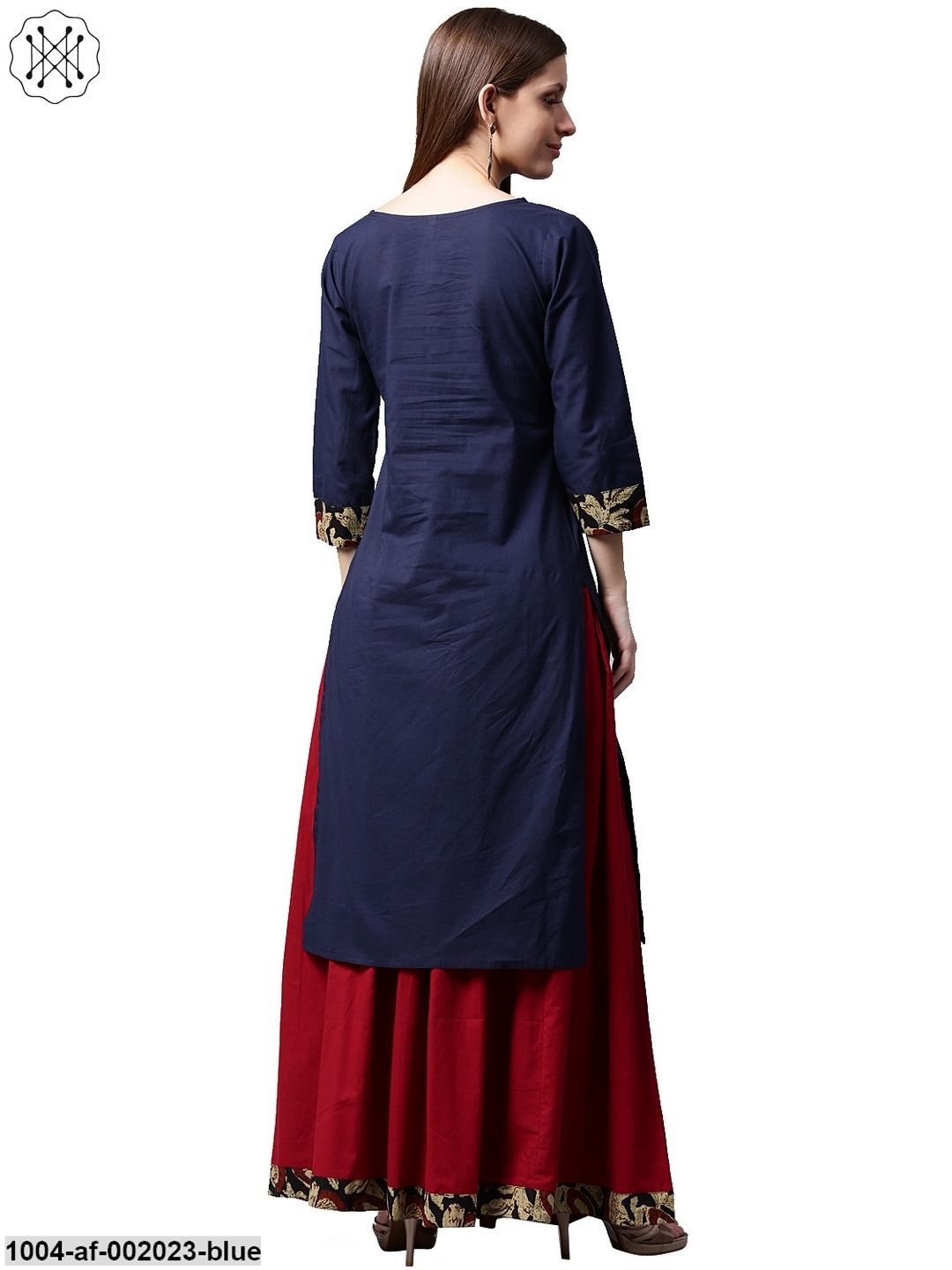 Blue Printed 3/4Th Sleeve Cotton Kurta With Maroon Skirt