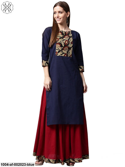 Blue Printed 3/4Th Sleeve Cotton Kurta With Maroon Skirt