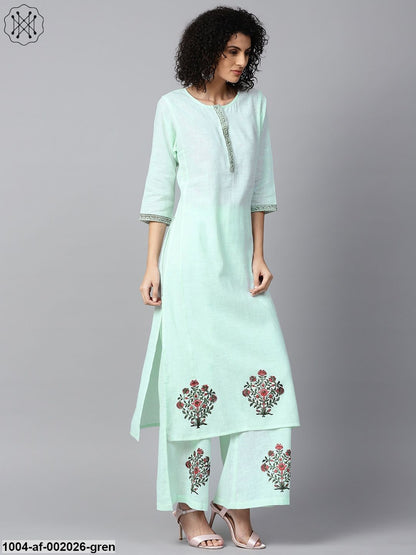 Pista Green 3/4Th Sleeve Cotton Block Printed A-Line Kurta With Flared Palazzos