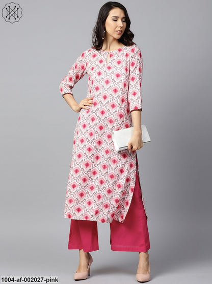 Pink Printed 3/4Th Sleeve Cotton Kurta With Solid Pink Palazzo
