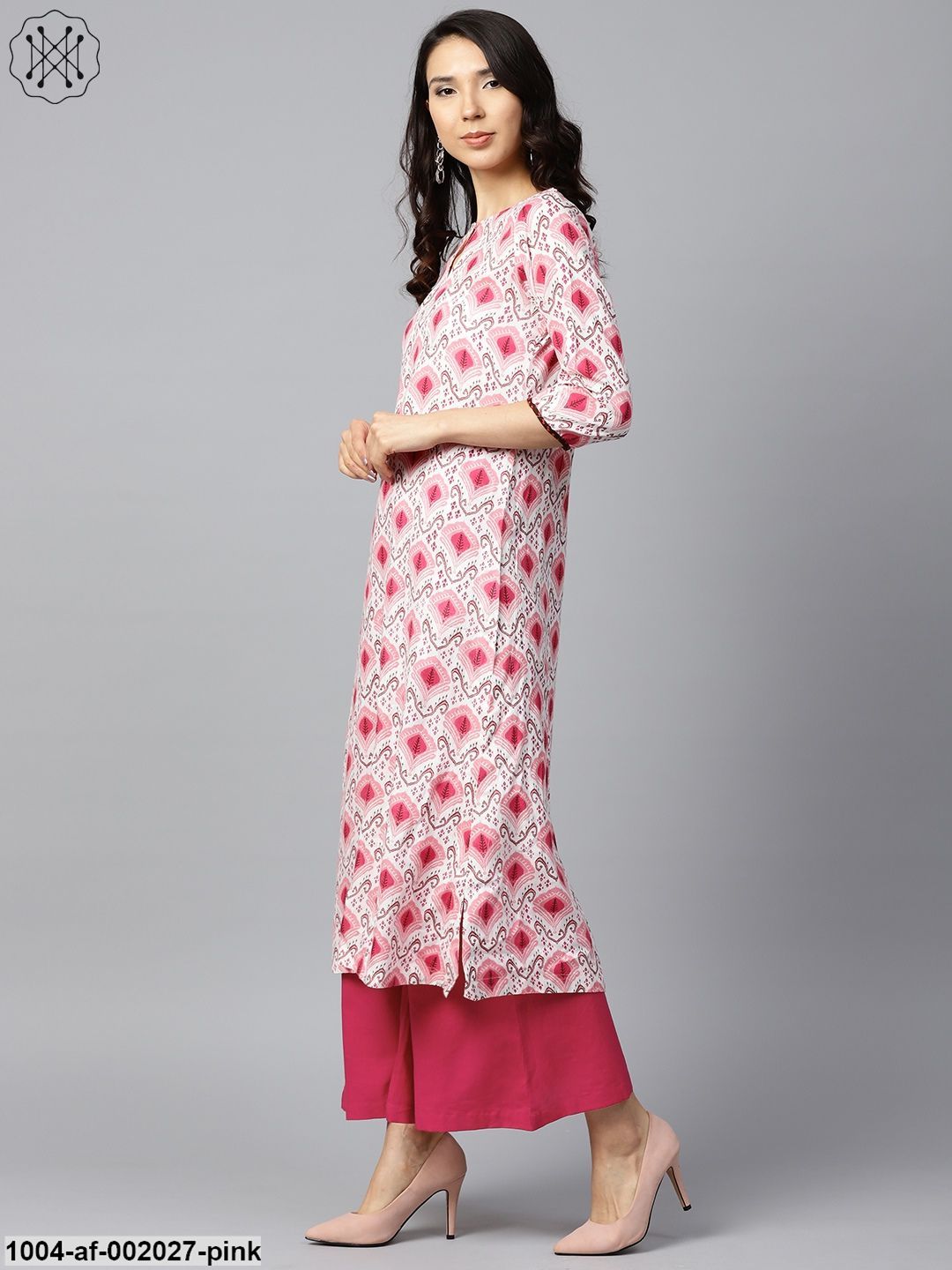 Pink Printed 3/4Th Sleeve Cotton Kurta With Solid Pink Palazzo