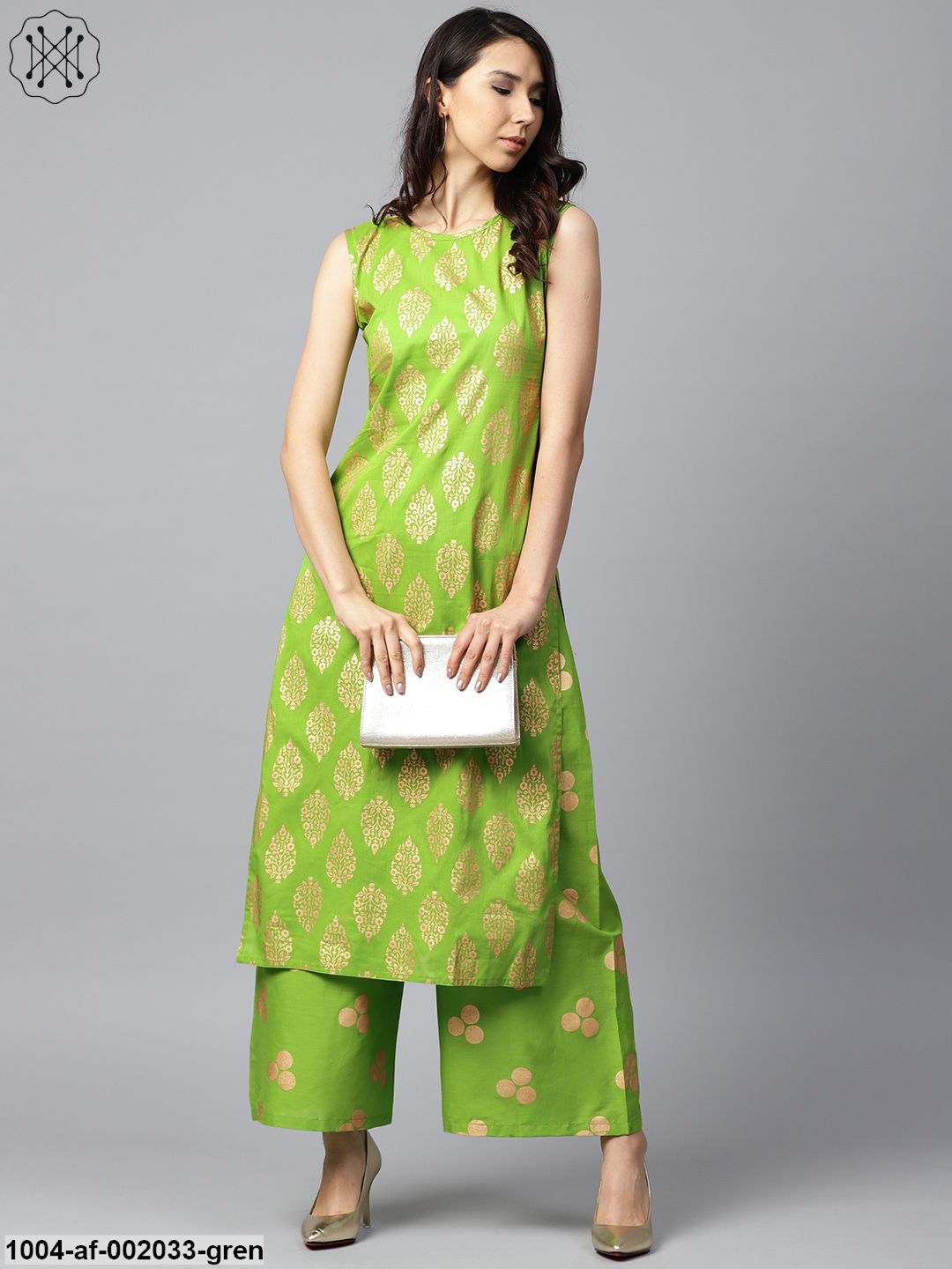 Green Printed Sleeveless Cotton Kurta With Green Printed Palazzos