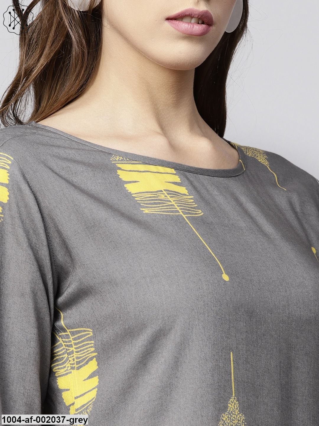Grey Printed 3/4Th Sleeve Cotton Kurta With Grey Printed Palazzo