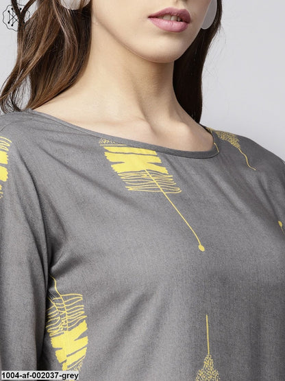 Grey Printed 3/4Th Sleeve Cotton Kurta With Grey Printed Palazzo