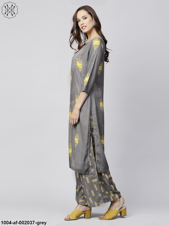 Grey Printed 3/4Th Sleeve Cotton Kurta With Grey Printed Palazzo