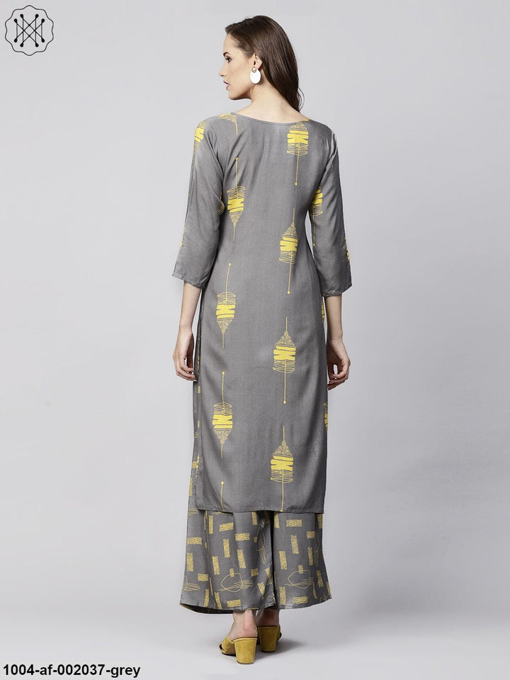 Grey Printed 3/4Th Sleeve Cotton Kurta With Grey Printed Palazzo