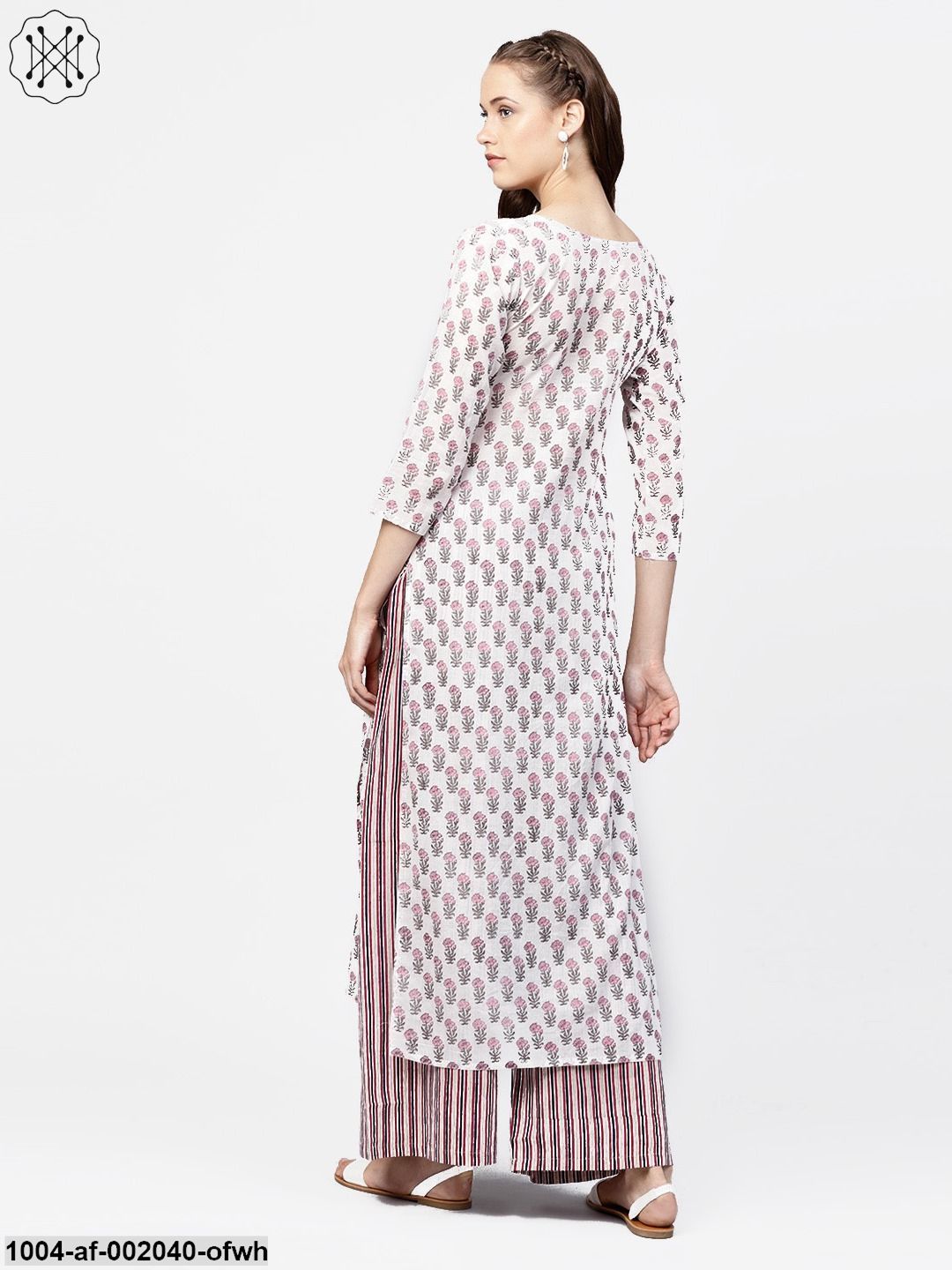 Off White Printed 3/4Th Sleeve Straight Kurta With Striped Regular Fit Palazzo