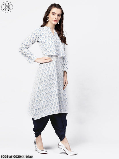 Blue Printed 3/4Th Sleeve A-Line Cotton Kurta With Solid Dye Dhoti Pant Set
