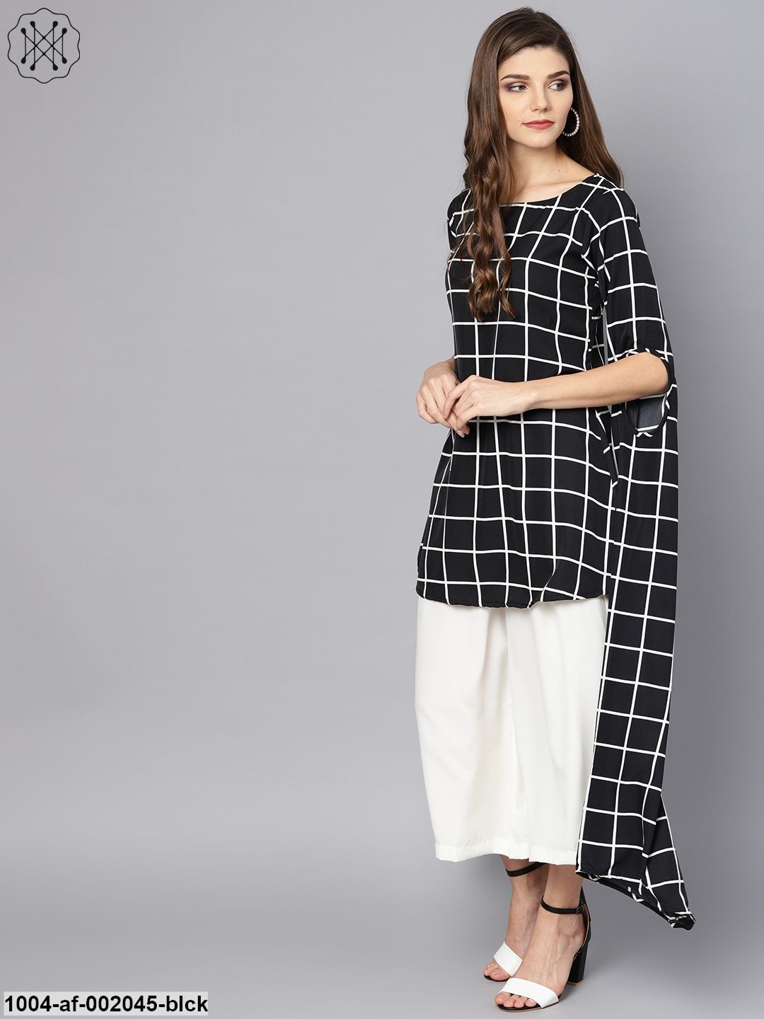 Black Checked Kurta Set With White Culottes