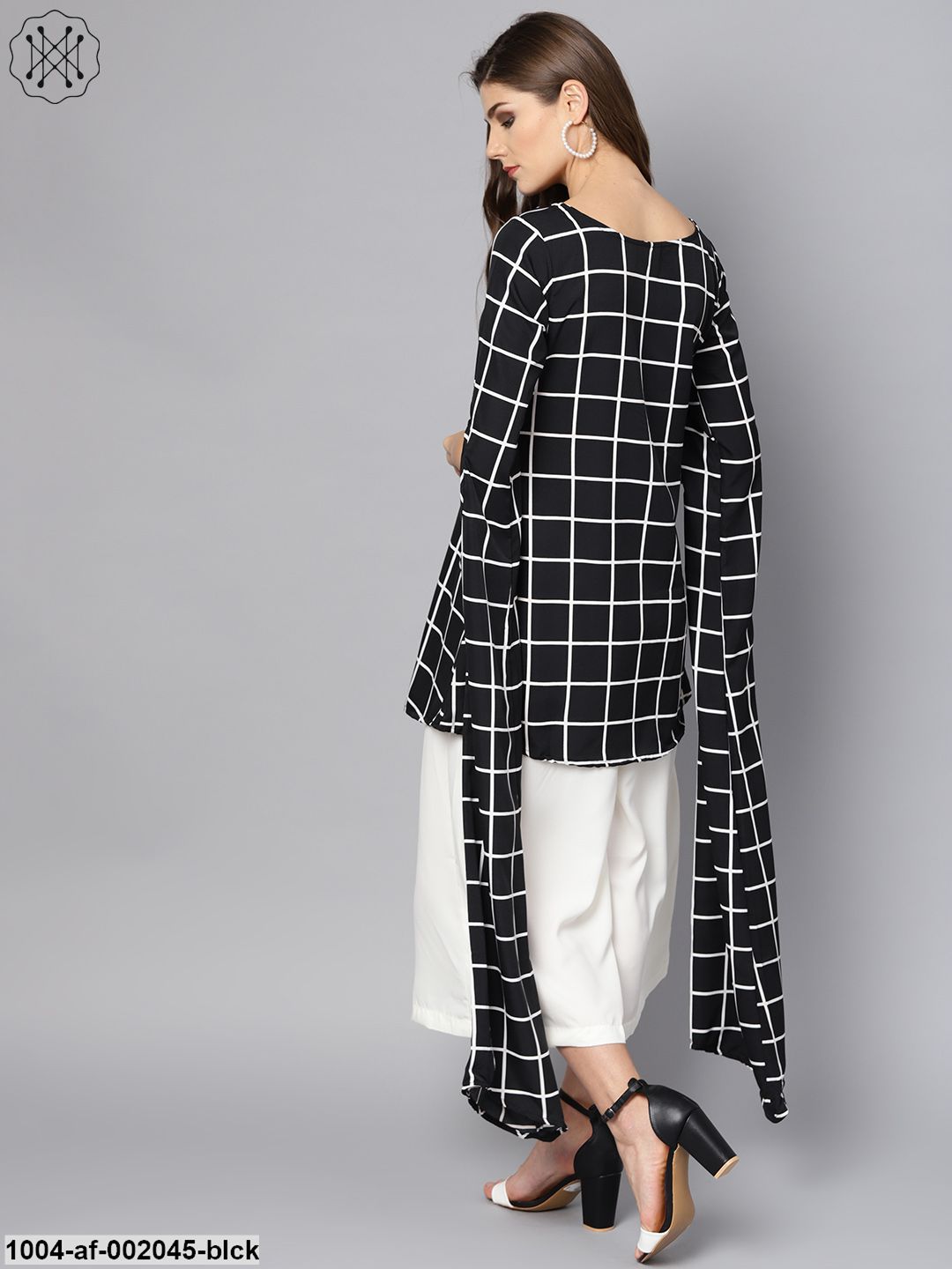 Black Checked Kurta Set With White Culottes
