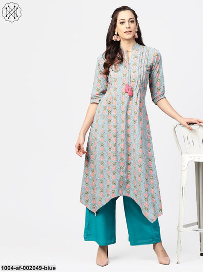 Blue 3/4Th Sleeve Cotton Printed Asymmetric Kurta With Ankle Length Palazzos