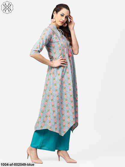 Blue 3/4Th Sleeve Cotton Printed Asymmetric Kurta With Ankle Length Palazzos