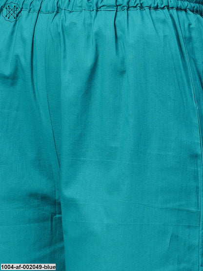 Blue 3/4Th Sleeve Cotton Printed Asymmetric Kurta With Ankle Length Palazzos