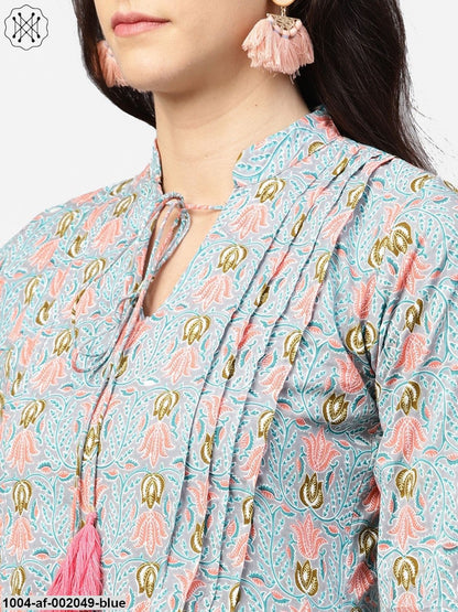 Blue 3/4Th Sleeve Cotton Printed Asymmetric Kurta With Ankle Length Palazzos