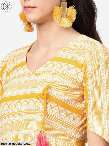 Yellow Printed Half Sleeve Cotton A-Line Kurta With Dori Work With Ankle Length Pant