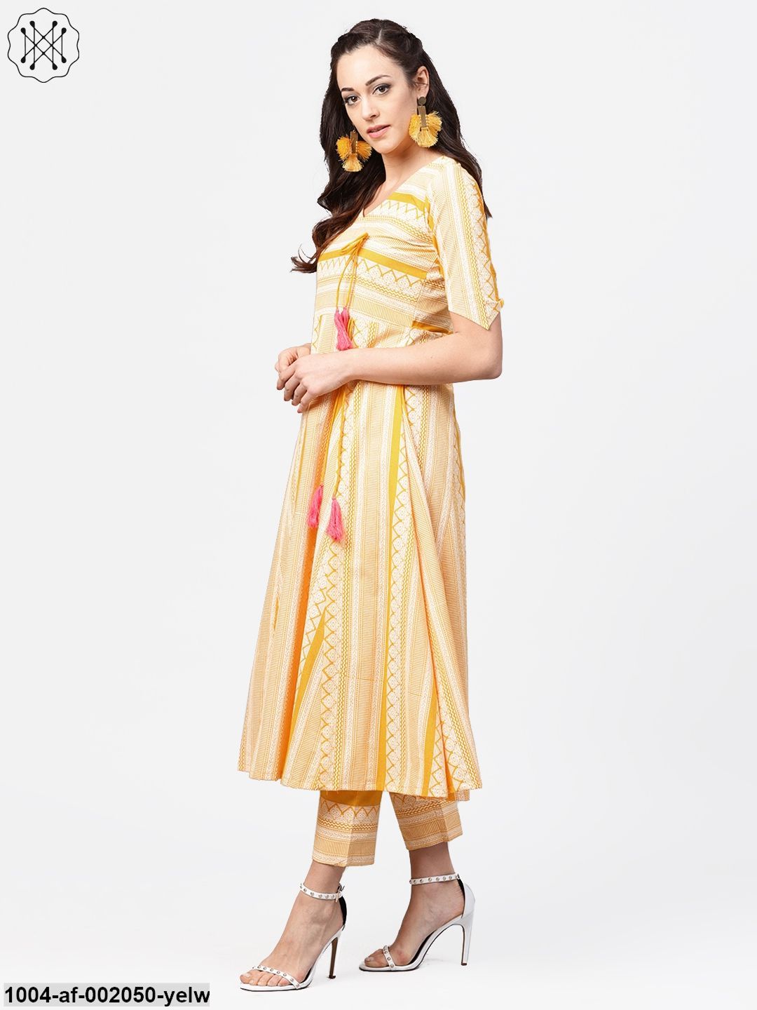 Yellow Printed Half Sleeve Cotton A-Line Kurta With Dori Work With Ankle Length Pant