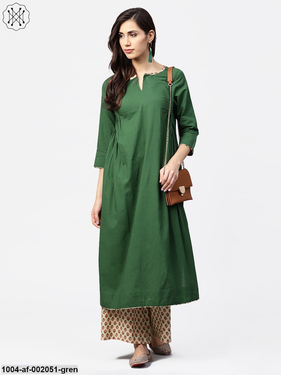 Solid Green 3/4Th Sleeve Side Gathering Cotton Kurta With Printed Palazzo