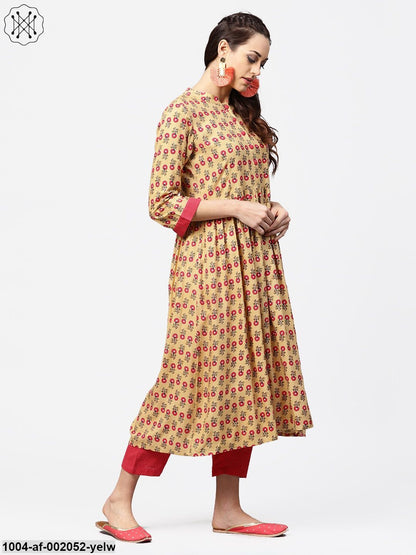Yellow 3/4Th Sleeve Printed Cotton Anarkali Kurta With Pink Pant