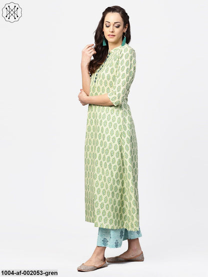 Green Printed 3/4Th Sleeve A-Line Cotton Kurta With Blue Printed Palazzos