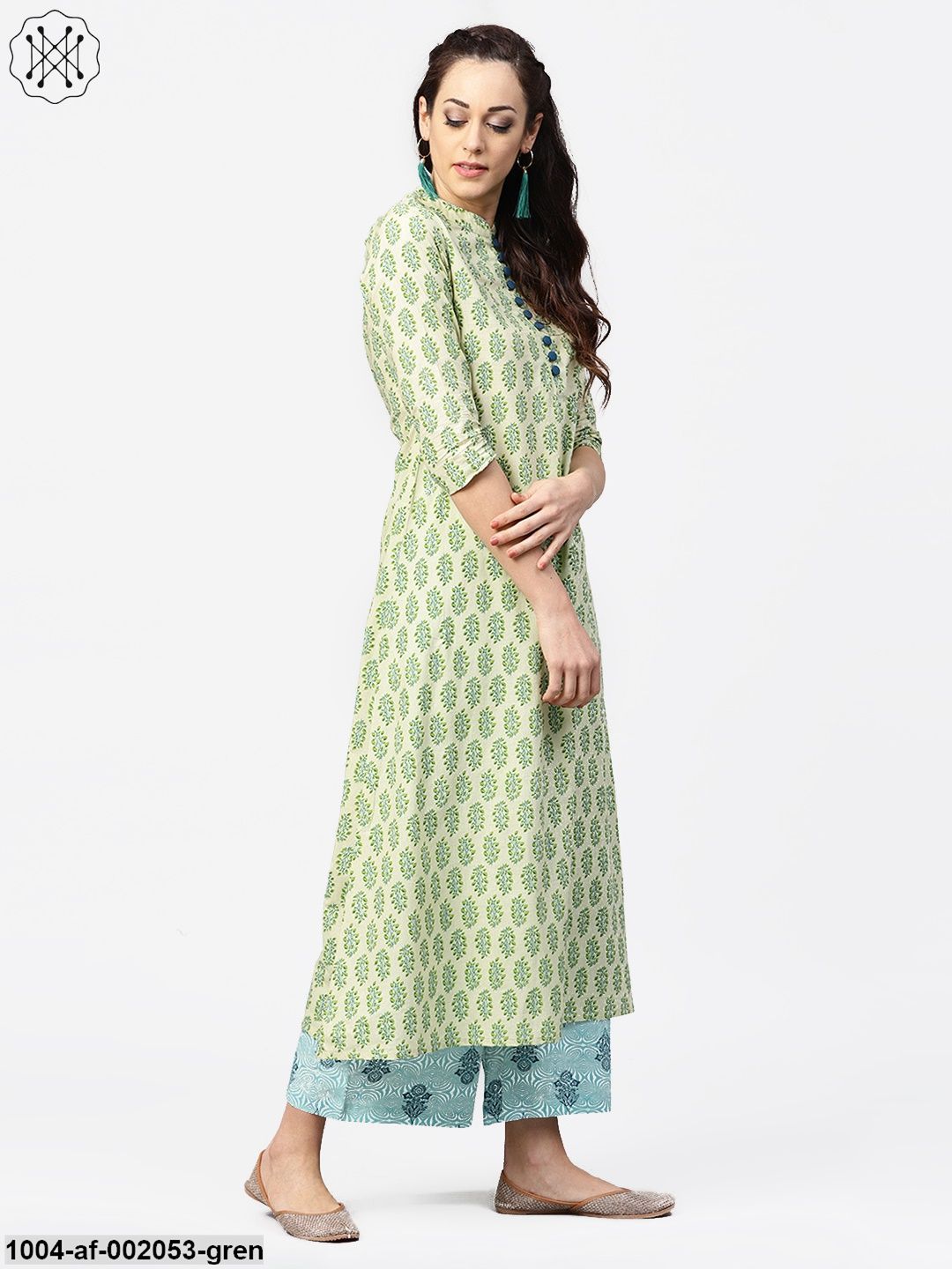 Green Printed 3/4Th Sleeve A-Line Cotton Kurta With Blue Printed Palazzos