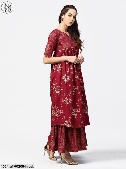 Red Printed Half Sleeve Cotton A-Line Kurta With Sharara