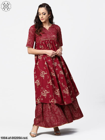 Red Printed Half Sleeve Cotton A-Line Kurta With Sharara