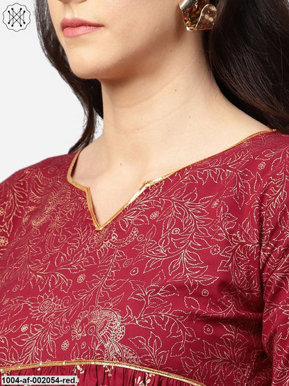 Red Printed Half Sleeve Cotton A-Line Kurta With Sharara