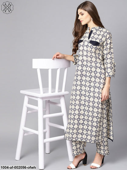 Off White Printed 3/4Th Sleeve Cotton Kurta With Ankle Length Palazzo