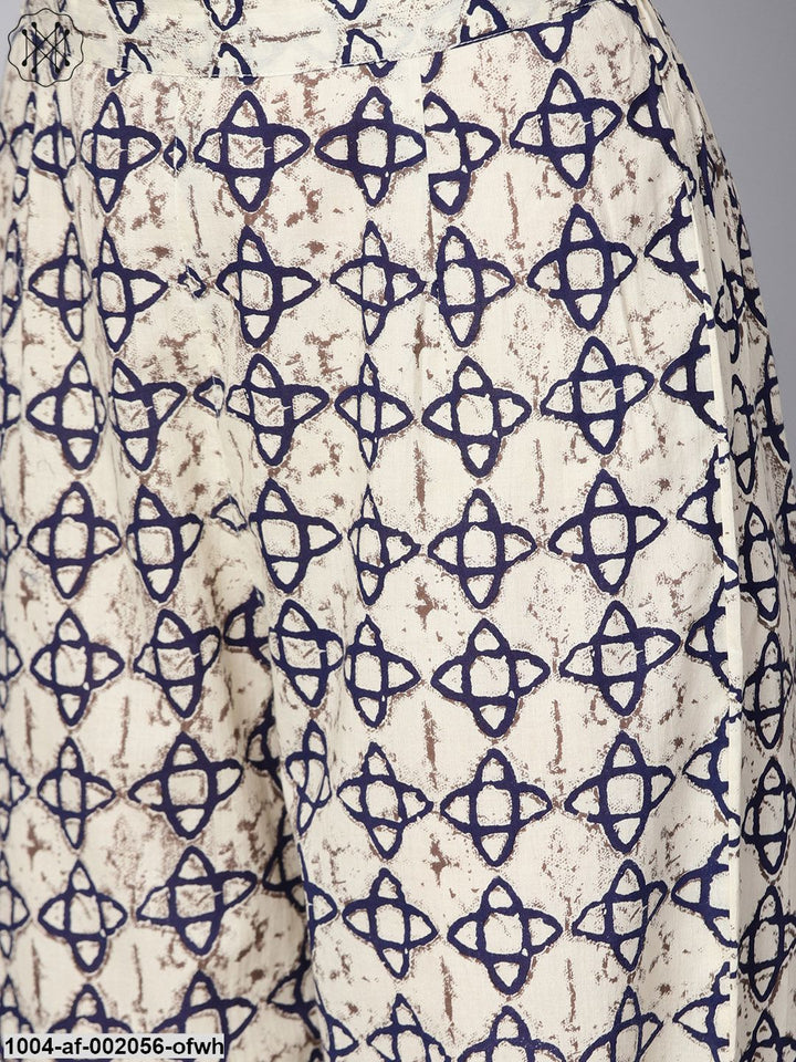 Off White Printed 3/4Th Sleeve Cotton Kurta With Ankle Length Palazzo