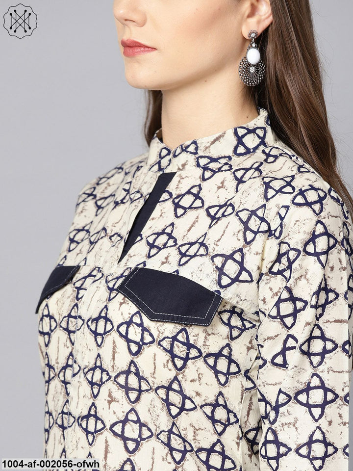 Off White Printed 3/4Th Sleeve Cotton Kurta With Ankle Length Palazzo