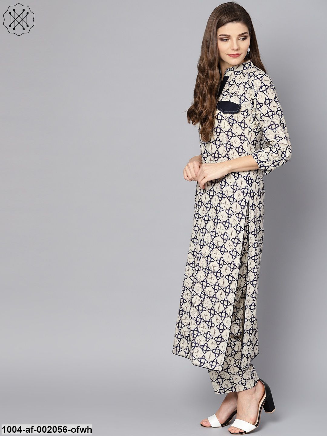 Off White Printed 3/4Th Sleeve Cotton Kurta With Ankle Length Palazzo