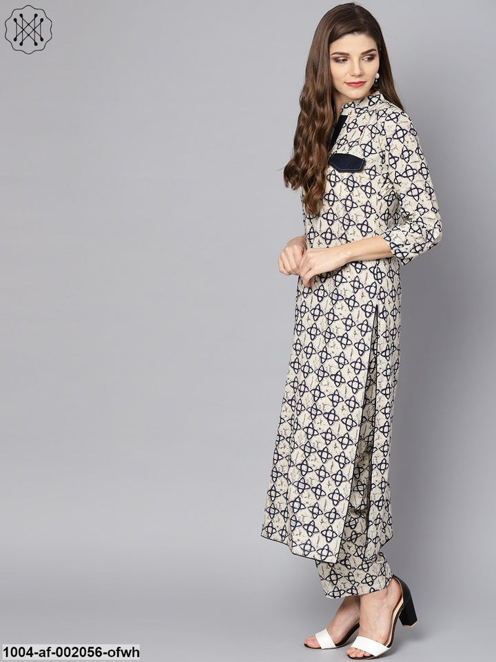 Off White Printed 3/4Th Sleeve Cotton Kurta With Ankle Length Palazzo