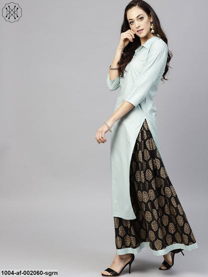 Powder Blue 3/4Th Sleeve Cotton Kurta With Black Printed Palazzo