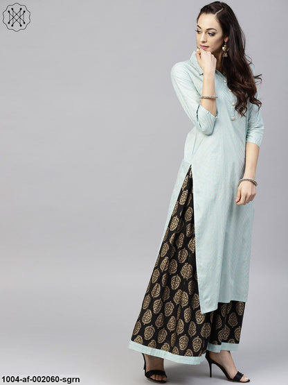 Powder Blue 3/4Th Sleeve Cotton Kurta With Black Printed Palazzo