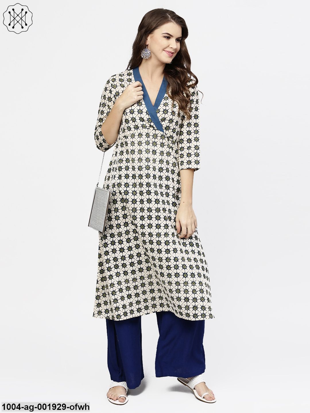 Off White 3/4Th Sleeve Angrakha Style Cotton A-Line Kurta