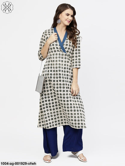 Off White 3/4Th Sleeve Angrakha Style Cotton A-Line Kurta