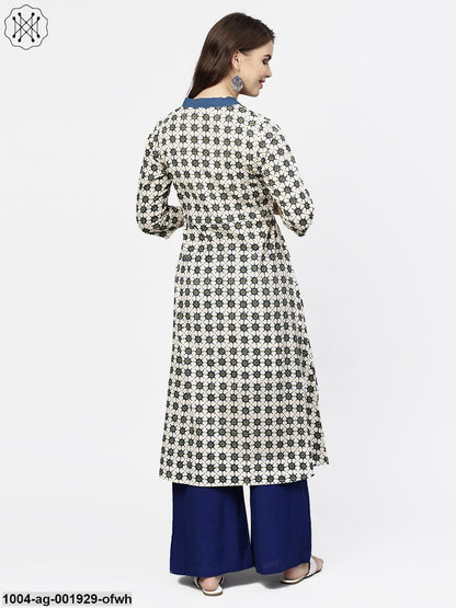 Off White 3/4Th Sleeve Angrakha Style Cotton A-Line Kurta