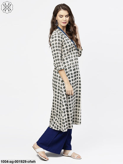 Off White 3/4Th Sleeve Angrakha Style Cotton A-Line Kurta
