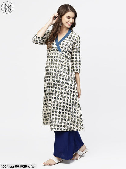 Off White 3/4Th Sleeve Angrakha Style Cotton A-Line Kurta