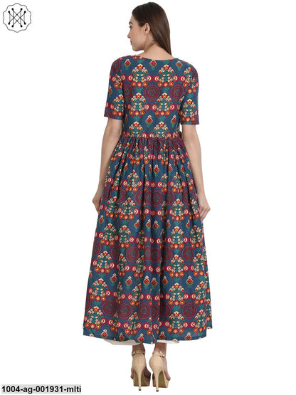 Multi Printed Half Sleeve Cotton Flared Kurta