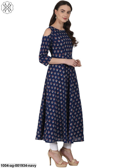Navy Blue Printed 3/4 Sleeve Cotton Anarkali Kurta