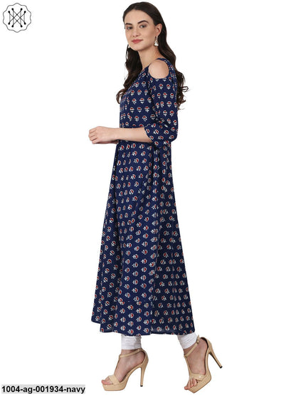 Navy Blue Printed 3/4 Sleeve Cotton Anarkali Kurta