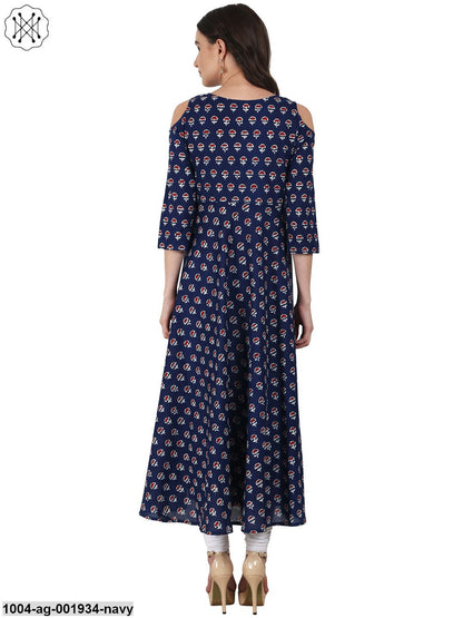 Navy Blue Printed 3/4 Sleeve Cotton Anarkali Kurta