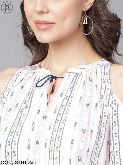 Off White Printed 3/4Th Cold Shoulder Sleeve Tiered Anarkali Kurta