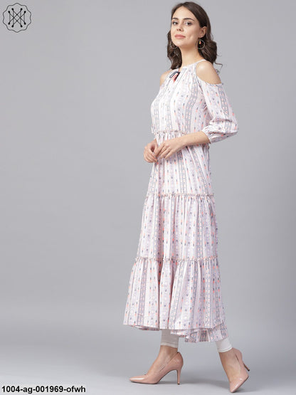 Off White Printed 3/4Th Cold Shoulder Sleeve Tiered Anarkali Kurta