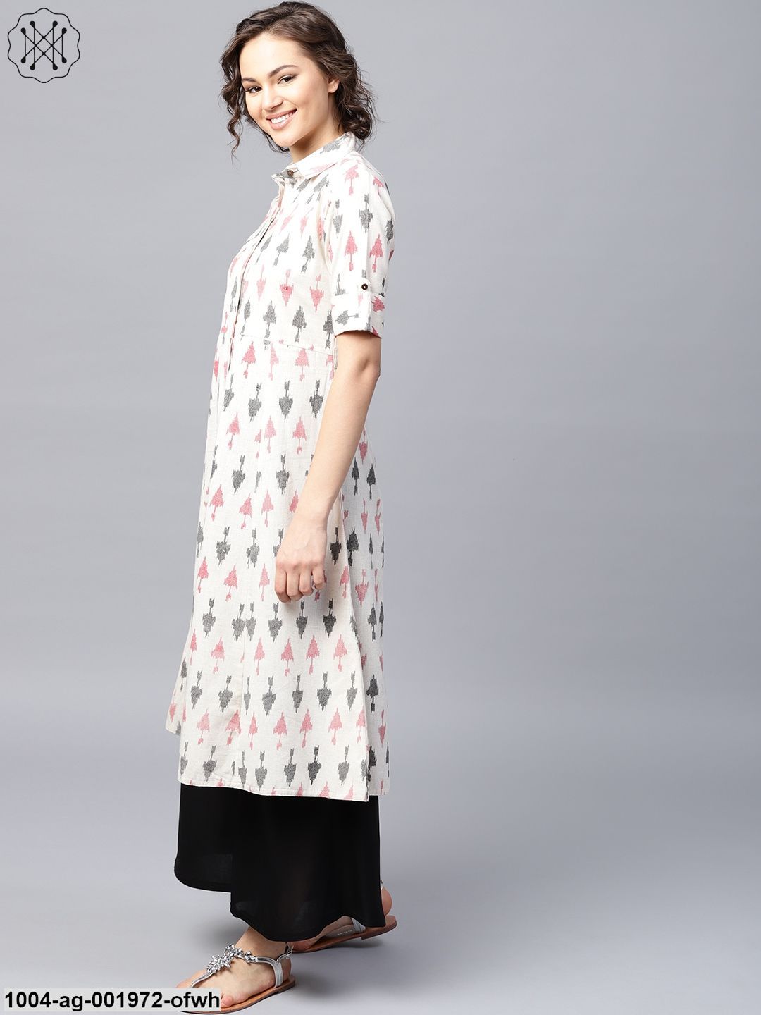 Off White Printed Half Sleeve Front Open Flex A-Line Kurta