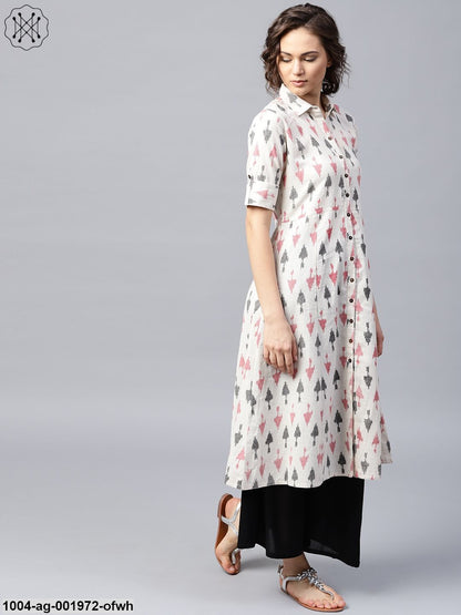 Off White Printed Half Sleeve Front Open Flex A-Line Kurta